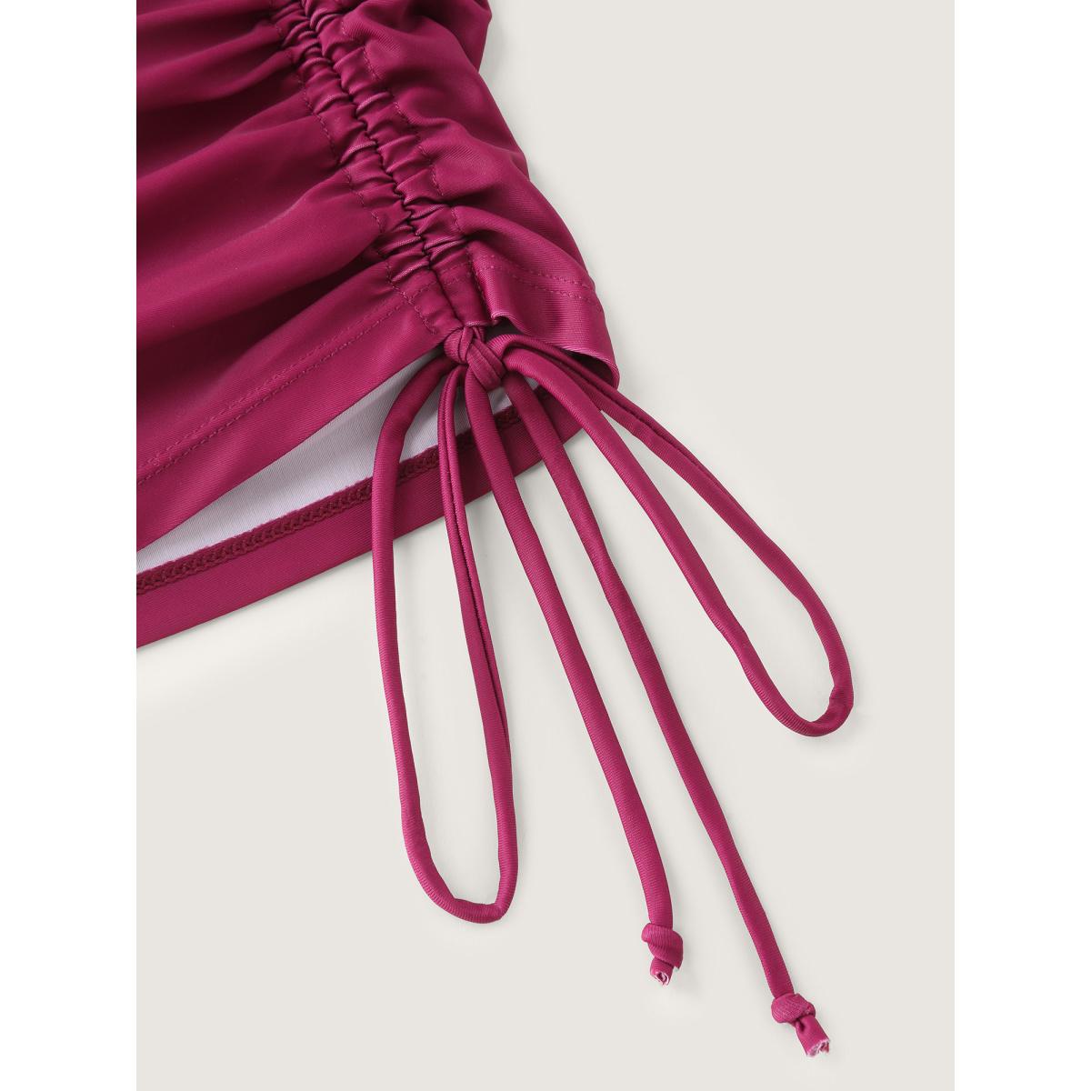 Plus Size Island Print Drawstring Adjustable Swim Top Women's Swimwear Rosered Resort Contrast High stretch Bodycon U-neck Curve Swim Tops BloomChic 30/6X Product Image