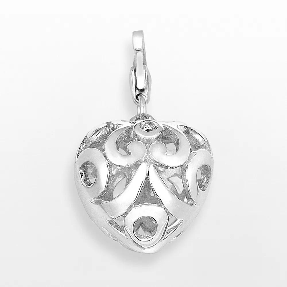 Sterling Silver White Topaz Openwork Heart Charm, Women's Product Image