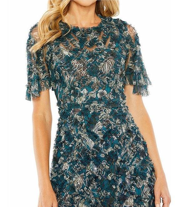Mac Duggal Flutter Sleeve Ruffle Mesh Overlay Print Aline Gown Product Image