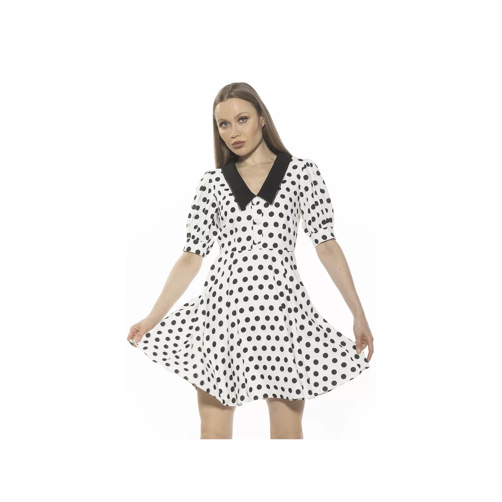 Women's ALEXIA ADMOR Carys Dropped Collar Puff Sleeve Fit And Flare Dress, Size: 6, Ivory Polka Dot Product Image