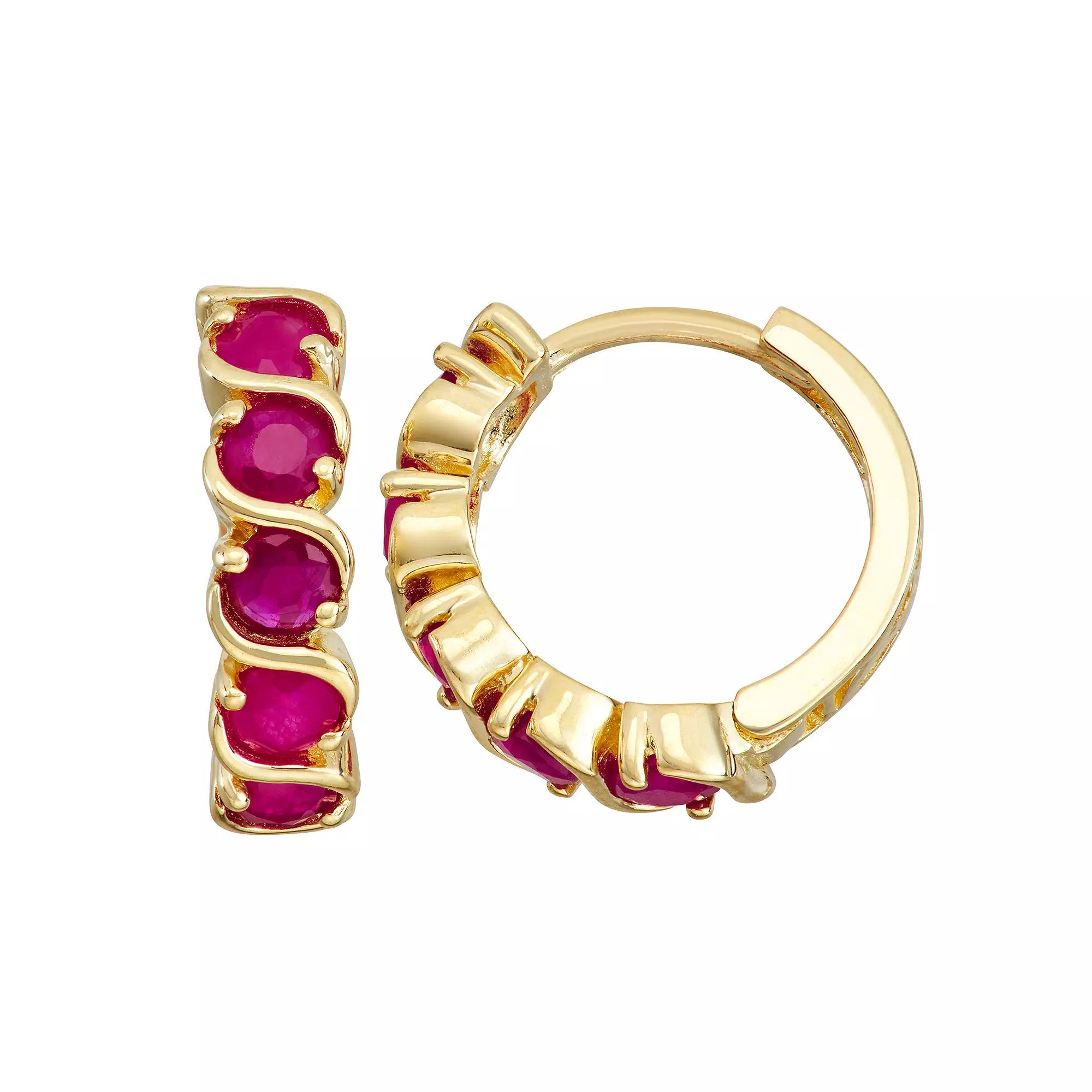Tiara 10k Gold Gemstone Huggie Hoop Earrings, Women's, Red Product Image