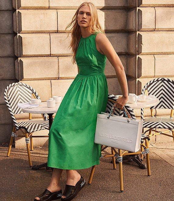 KARL LAGERFELD PARIS Poplin Round Neck Sleeveless A-Line Midi Dress Product Image