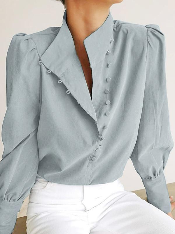 Long Sleeves Loose Solid Color Split-Joint High-Neck Blouses Product Image