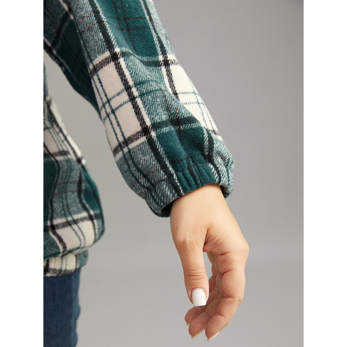 Plus Size Plaid Button Up Hooded Pocket Sweatshirt Women Green Casual Elastic cuffs Hooded Dailywear Sweatshirts BloomChic 26/4X Product Image