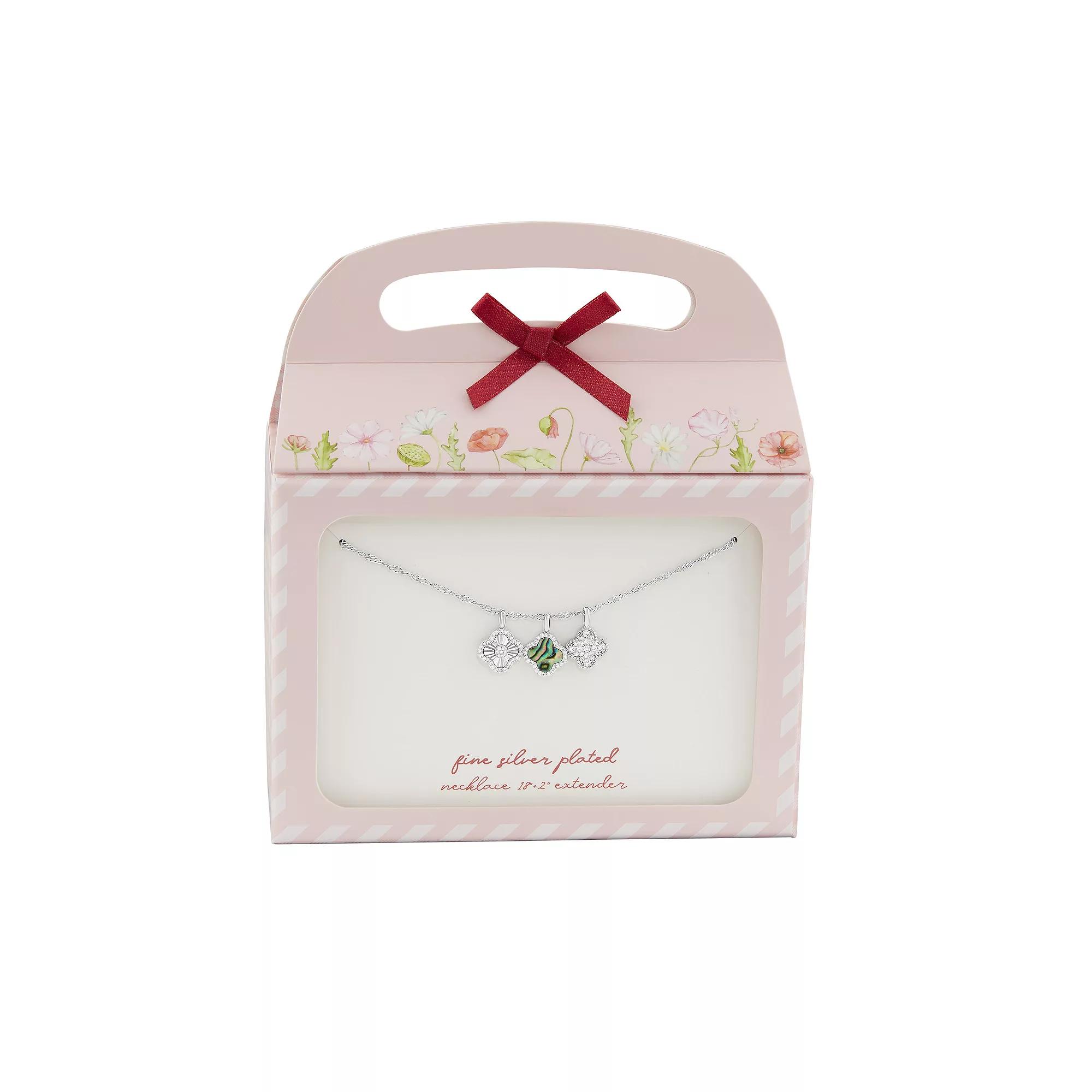 Brilliance Fine Silver Plated Synthetic Abalone & Cubic Zirconia Triple Clover Charms Singapore Chain Necklace, Women's, Size: 18", Silver Tone Product Image