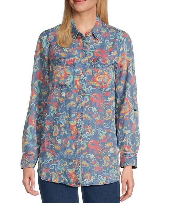 Intro Lyocell Floral Paisley Print Collared Long Roll-Tab Sleeve Snap Front Shirt Product Image