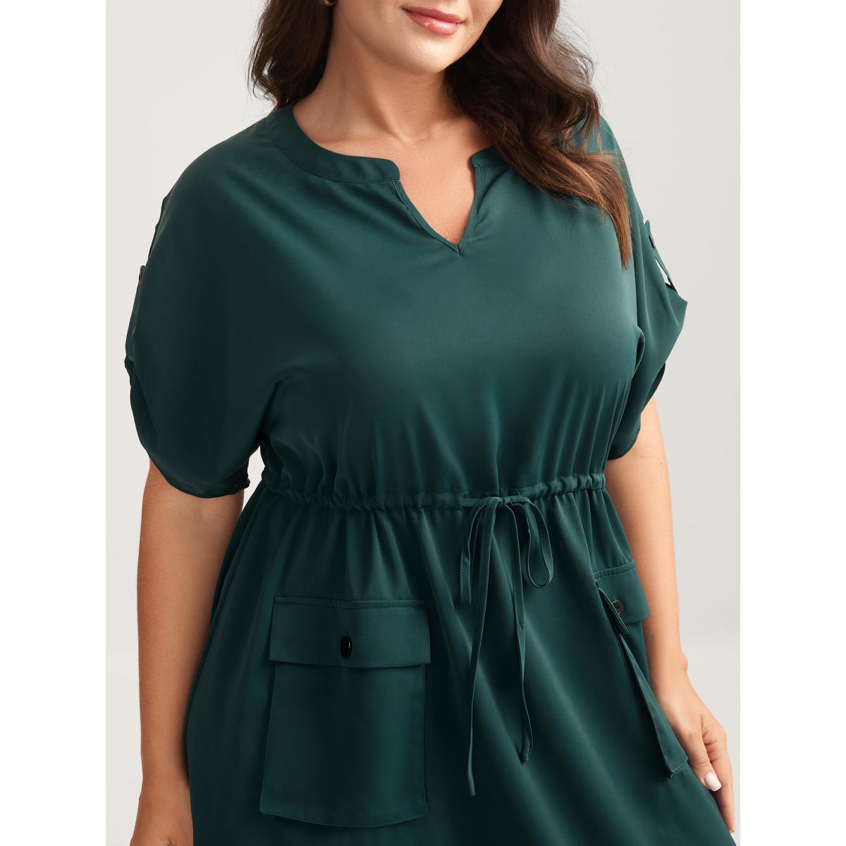 Plus Size Solid Waist Drawstring Pockets Midi Dress Cyan Women Flat collar with V-notch Half Sleeve Curvy BloomChic 28/5X Product Image