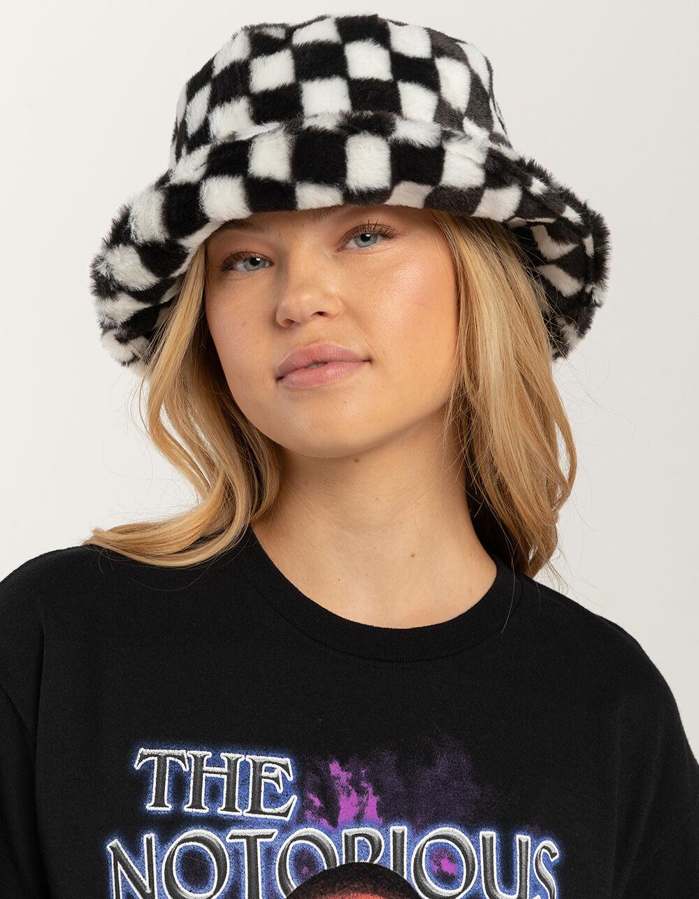 Checkered Faux Fur Womens Bucket Hat - BLK/WHT Product Image