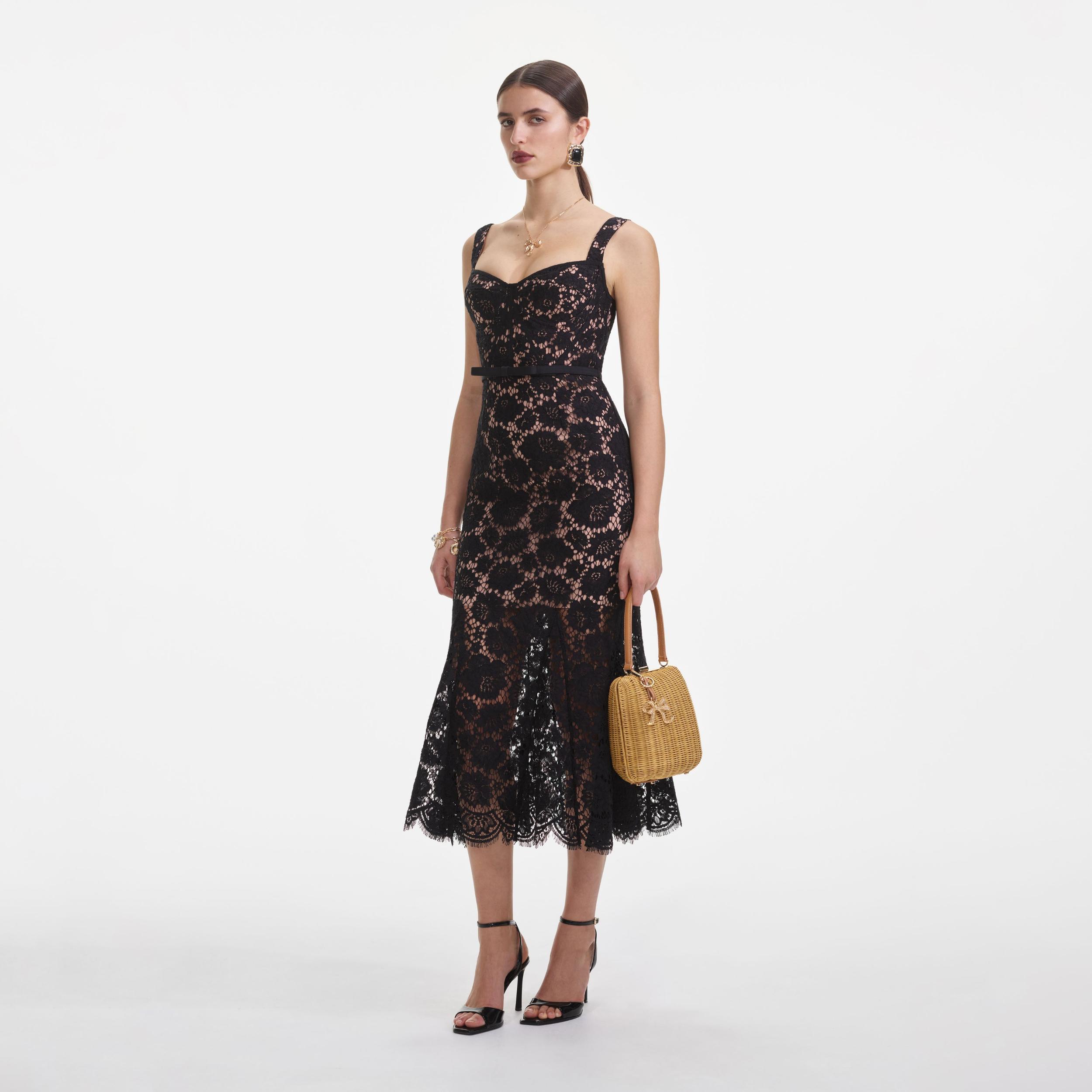 Black Fine Lace Midi Dress Product Image