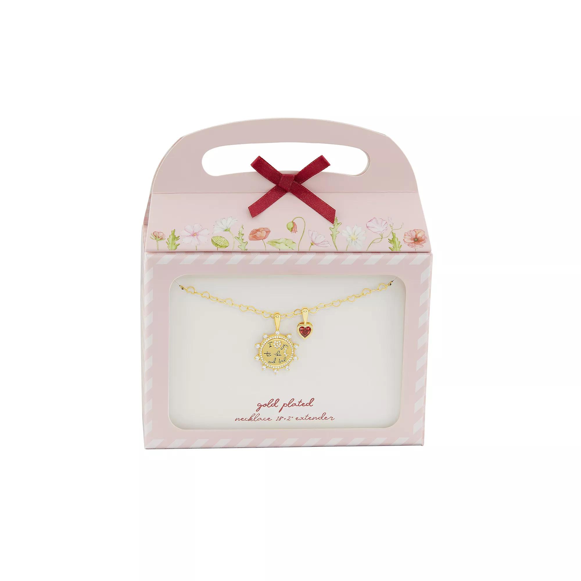 Brilliance 18k Gold Flash Plated Garnet Cubic Zirconia Heart Charm & "I love you to the moon and back" Cubic Zirconia Coin Charm Heart Link Chain Necklace, Women's, Size: 18", Gold Tone Product Image