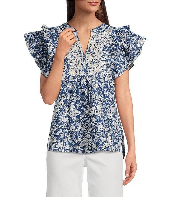 Calessa Printed Split V-Neck Ruffled Cap Sleeve Top Product Image