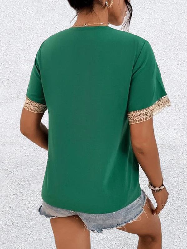 Casual Loose Lace Split-Joint V-Neck T-Shirts Tops Product Image