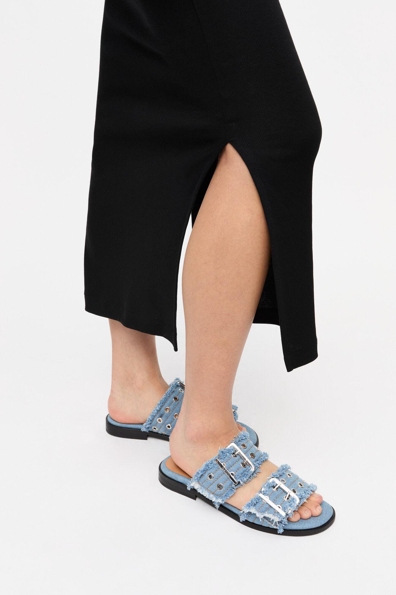 Blue Denim Feminine Buckle Two-Strap Sandals Product Image