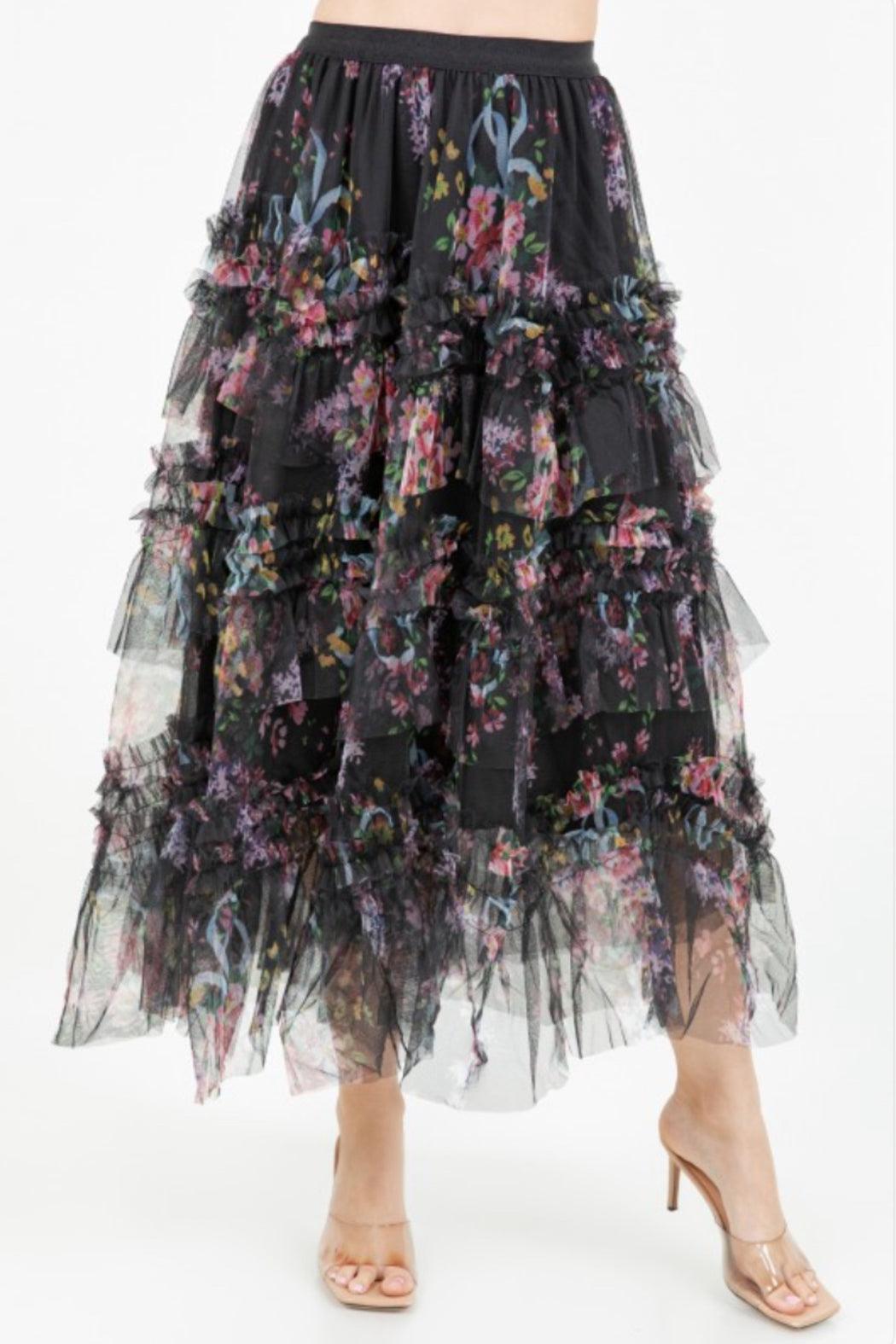 Black Floral Tulle Skirt Product Image