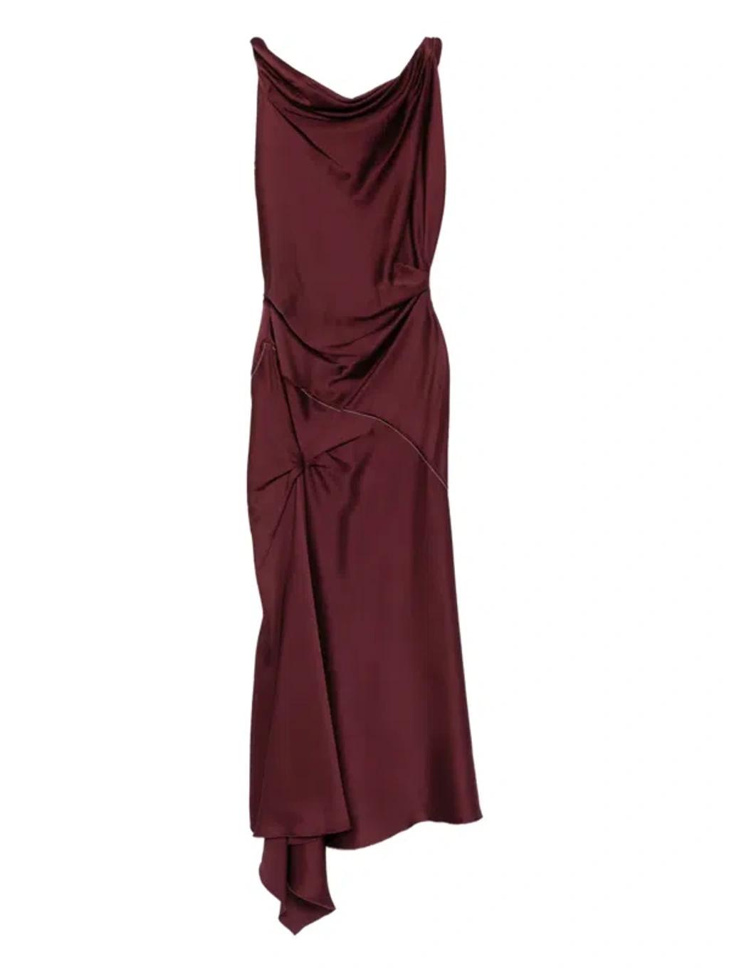 VICTORIA BECKHAM Asymmetric Draped Sleeveless Satin Midi Dress In Burgundy Product Image