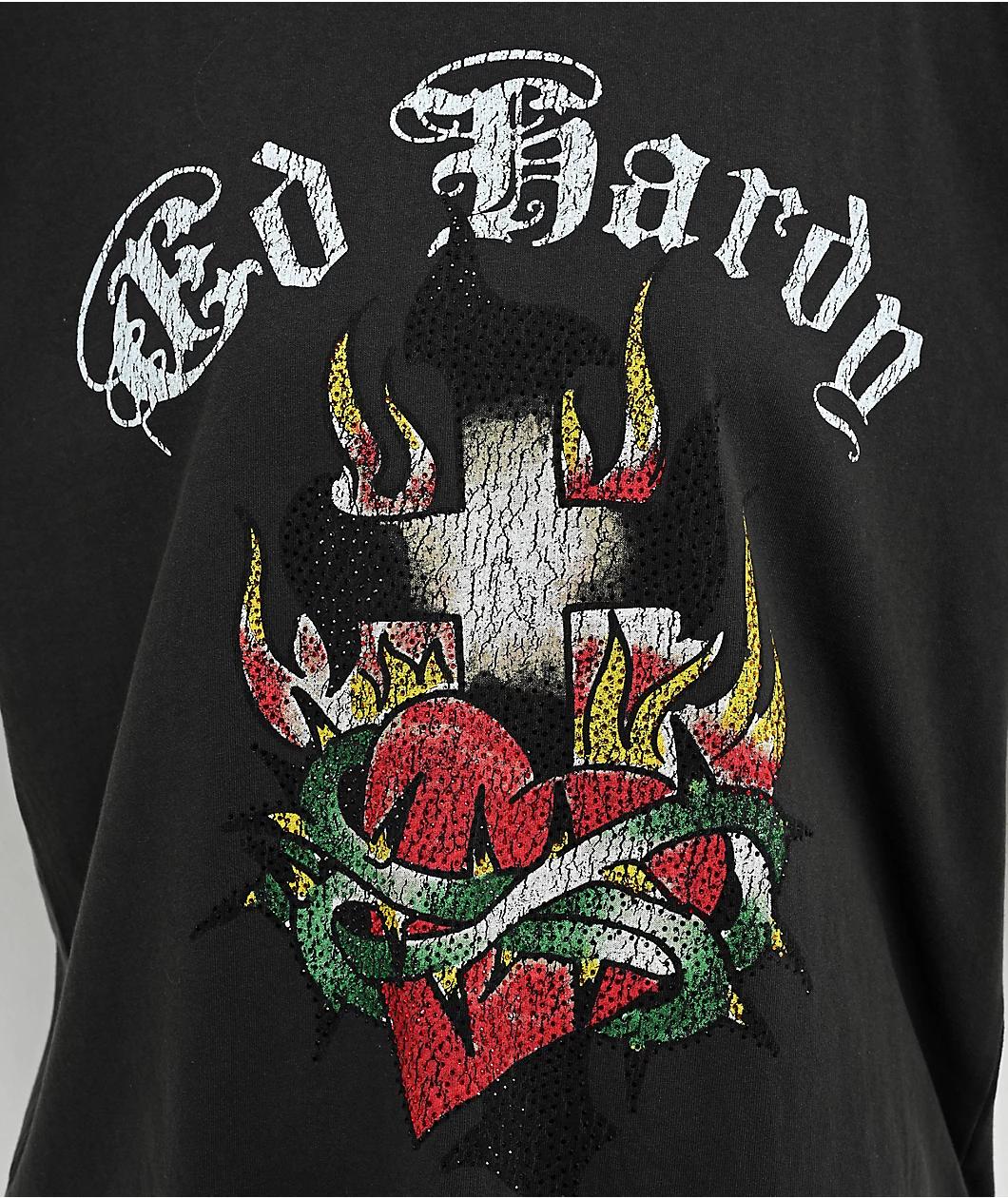 Ed Hardy Cross Heart Charcoal Boxy T-Shirt Product Image