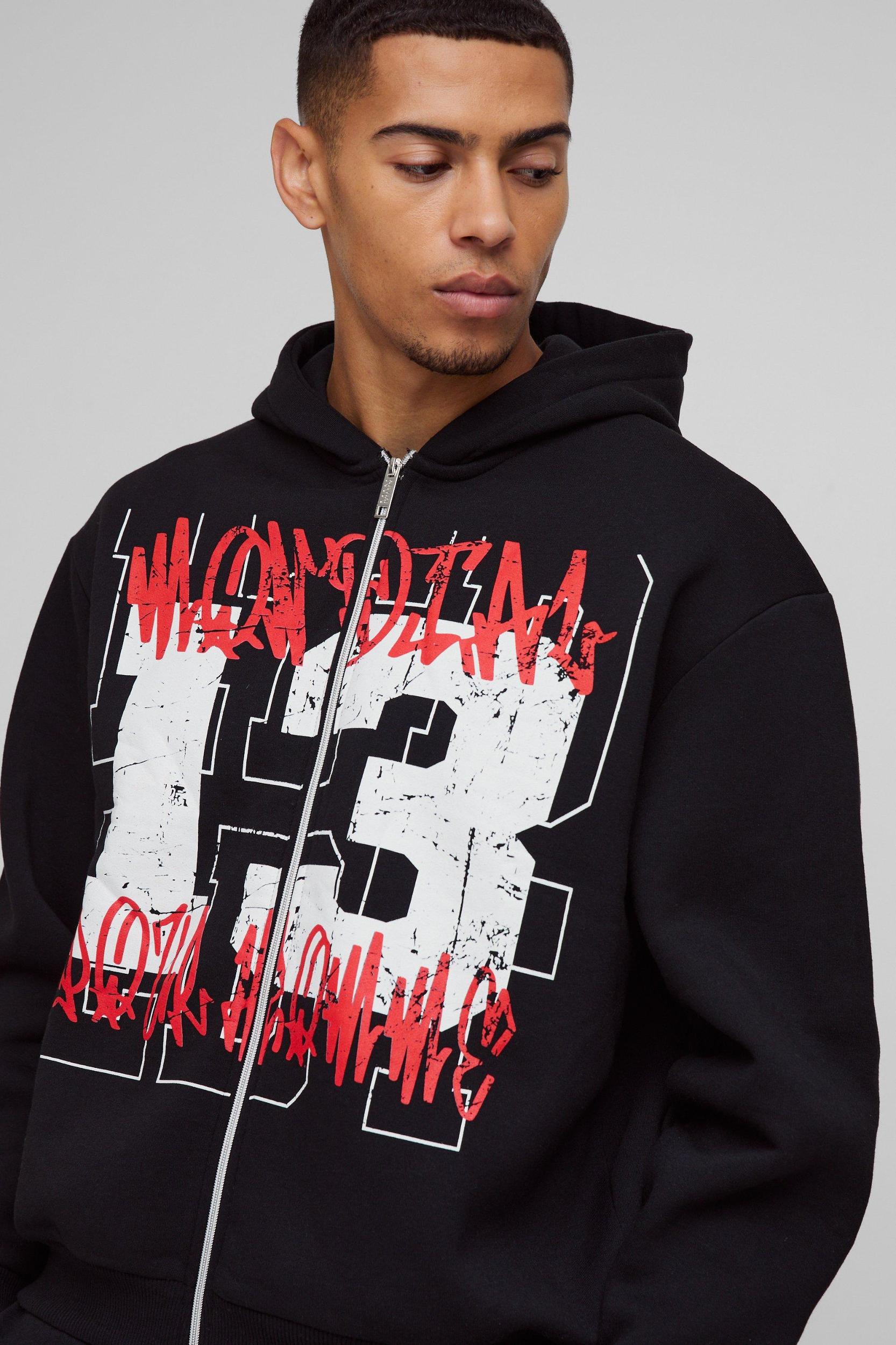 Oversized Boxy Graffiti 13 Varsity Zip Through Hoodie | boohooMAN USA Product Image