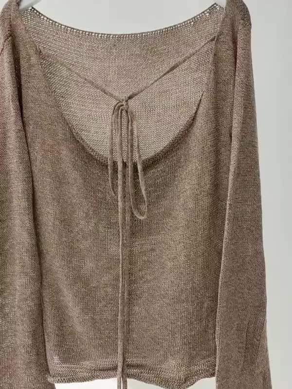 Solid Color Backless Lace Up Long Sleeve Knit Product Image