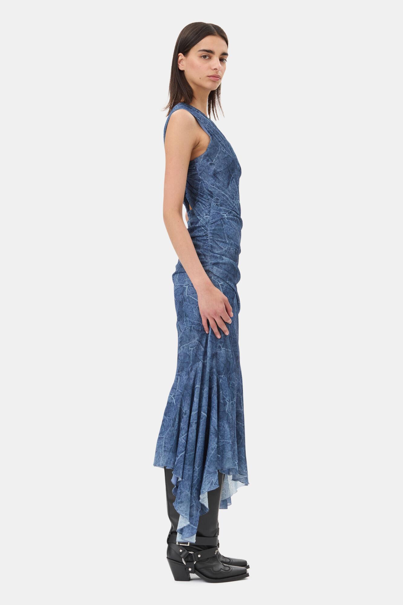 Blue Mesh Ruched Dress Product Image
