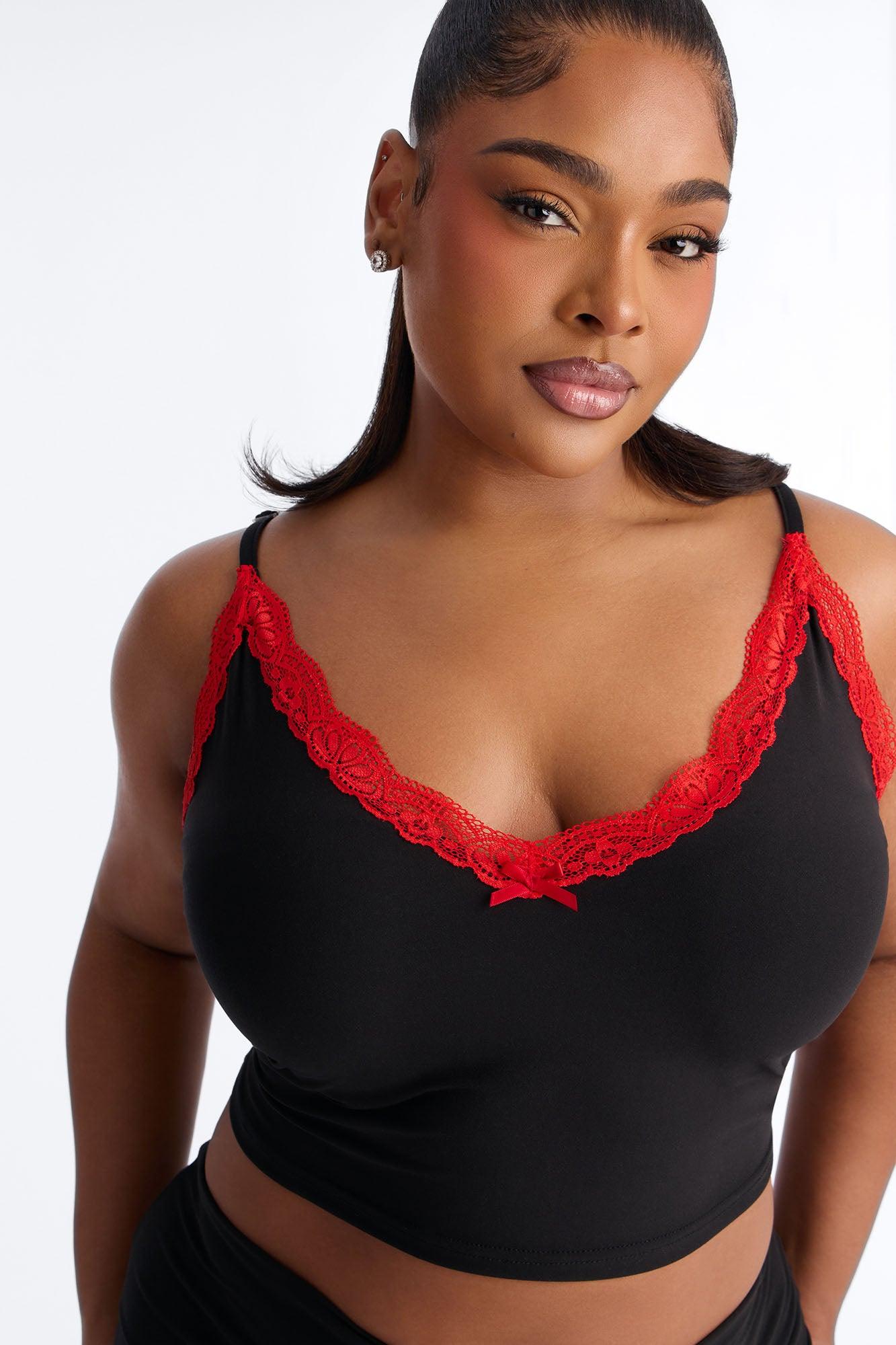 Always Sleeping Cami Fold Over Waist PJ Pant Set - Black/Red Female Product Image