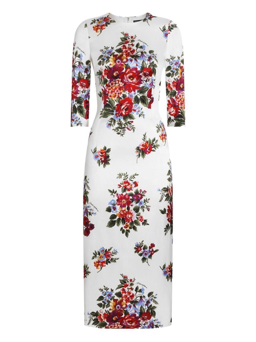 DOLCE & GABBANA Abito Midi Bianco Con Stampa Floreale Dolce E Gabbana In White Product Image