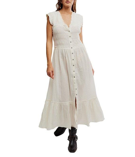 Free People Desert Dazed Ruffle V-Neck Cap Sleeve Tiered Hem Button-Front Midi Dress Product Image