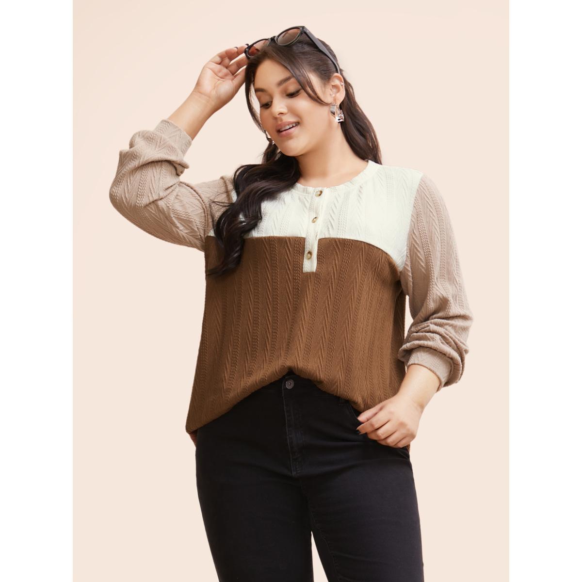 Plus Size Colorblock Contrast Textured Button Up T-shirt Multicolor Women Casual Texture Round Neck Everyday T-shirts BloomChic 10/M Product Image