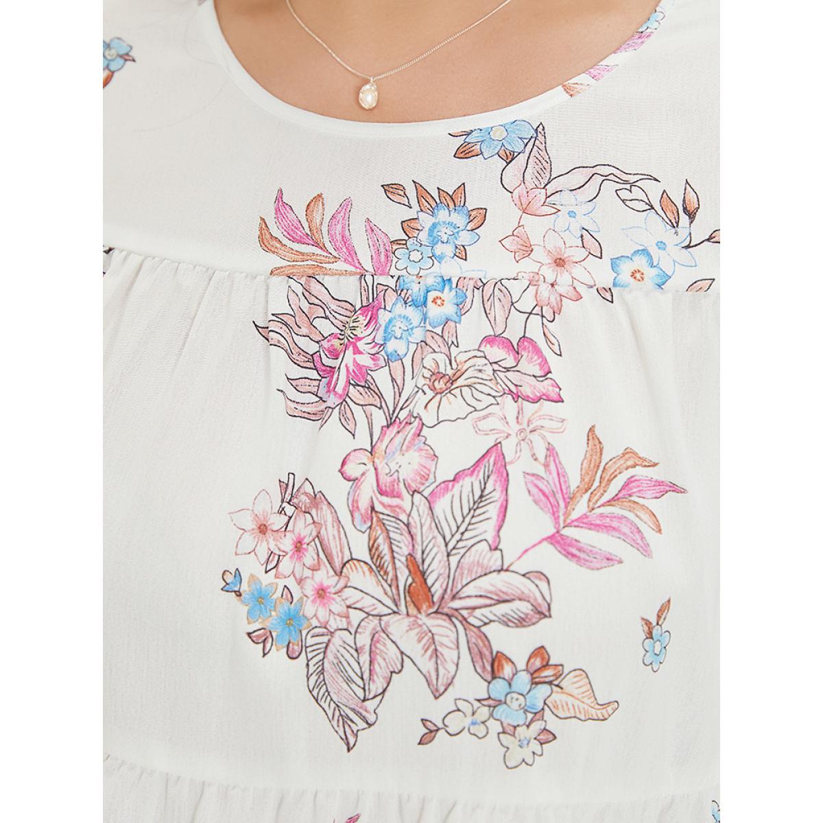 Plus Size White Floral Print Patchwork Ruffle Layered Hem Lantern Sleeve Blouse Women Elegant Half Sleeve Round Neck Dailywear Blouses BloomChic 30/6X Product Image