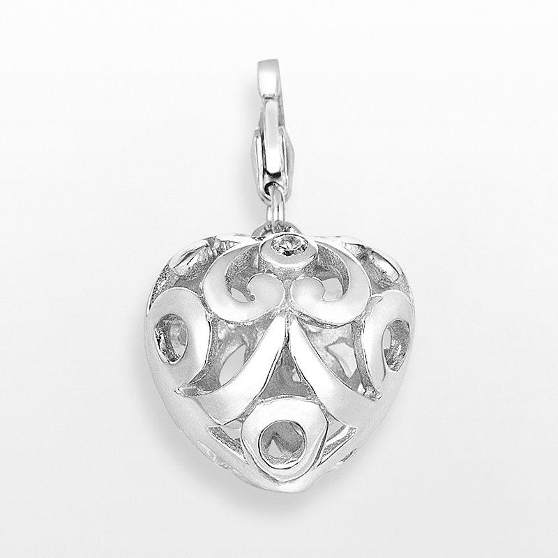 Sterling Silver White Topaz Openwork Heart Charm, Women's Product Image