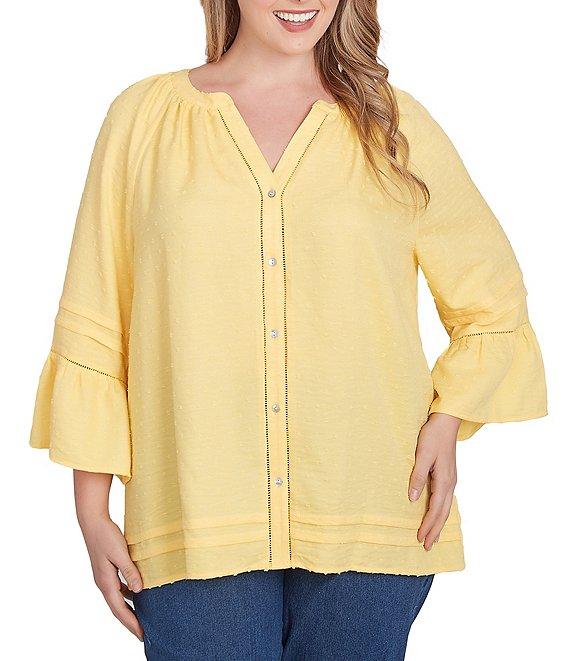 Ruby Rd. Plus Size Woven Embellished Trim Clip-Dot Mandarin Collar 3/4 Sleeve Button-Front Top Product Image