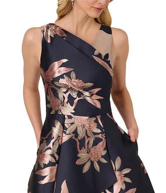 Adrianna Papell Asymmetrical Neckline Sleeveless Floral Print Jacquard Dress Product Image