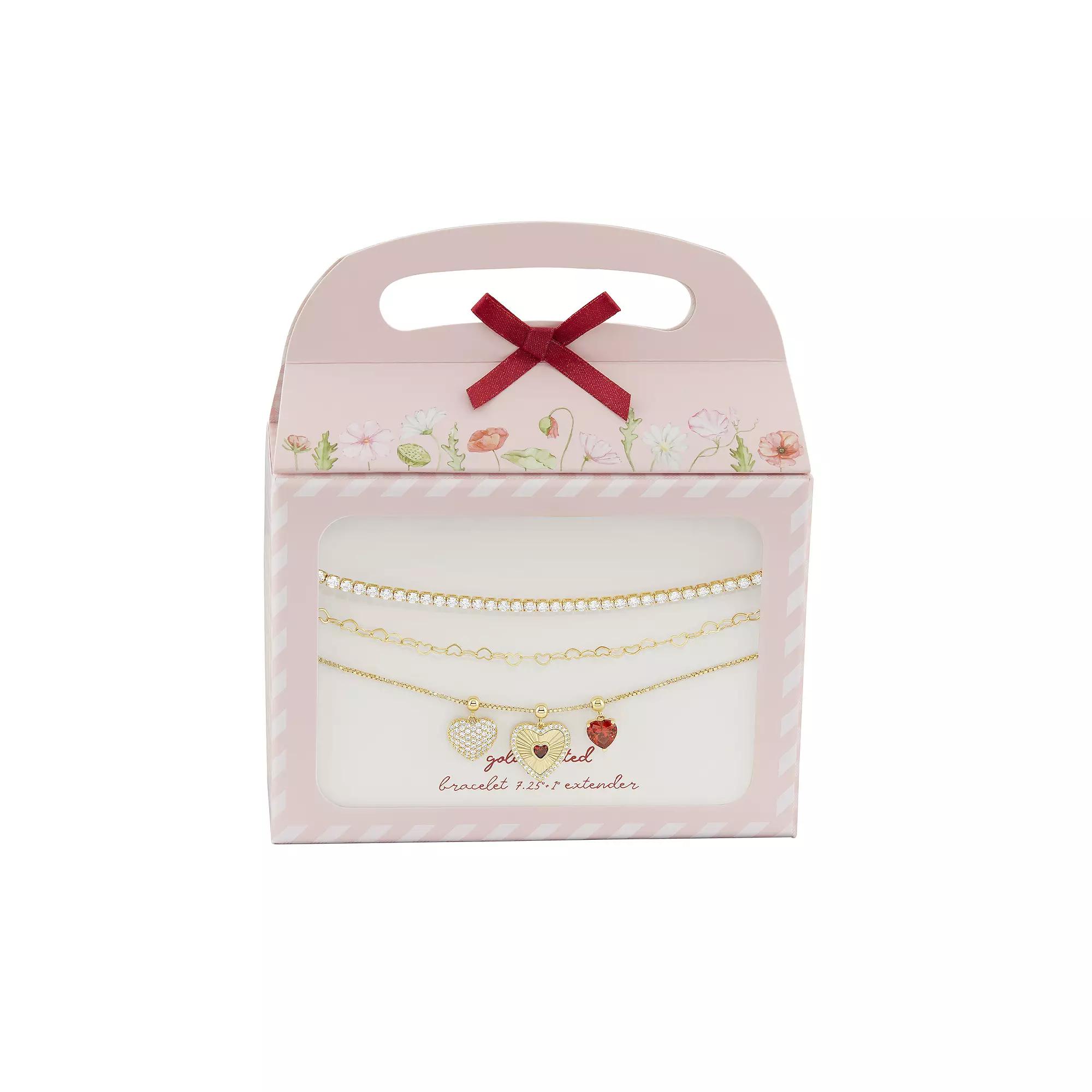 Brilliance 18k Gold Flash Plated Garnet Cubic Zirconia Triple Heart Charms Triple Layer Bracelet, Women's, Size: 8.5", Gold Tone Product Image