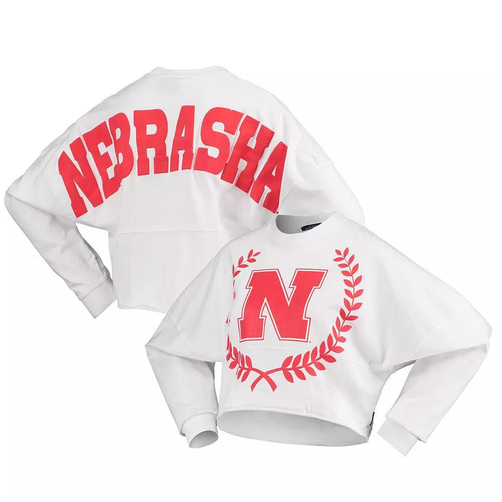 Women's White Nebraska Huskers Laurels Crop Long Sleeve T-Shirt,  Product Image