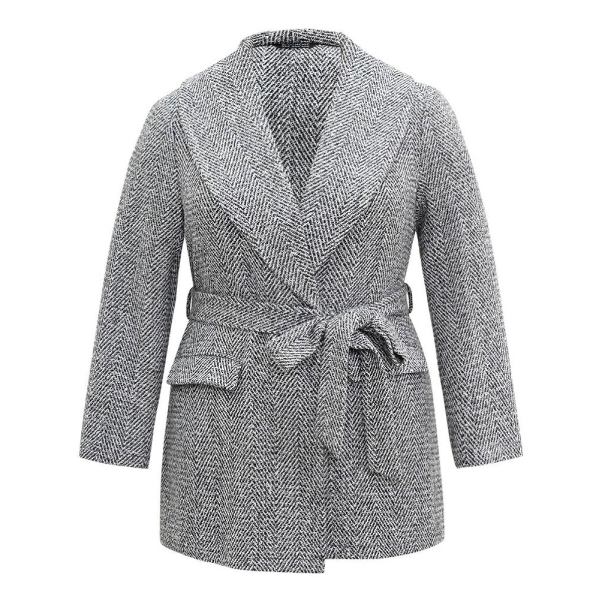 Plus Size Tweed Belted Lapel Collar Flap Pocket Coat Women Black Casual Belted Ladies Dailywear Winter Coats BloomChic 30/6X Product Image