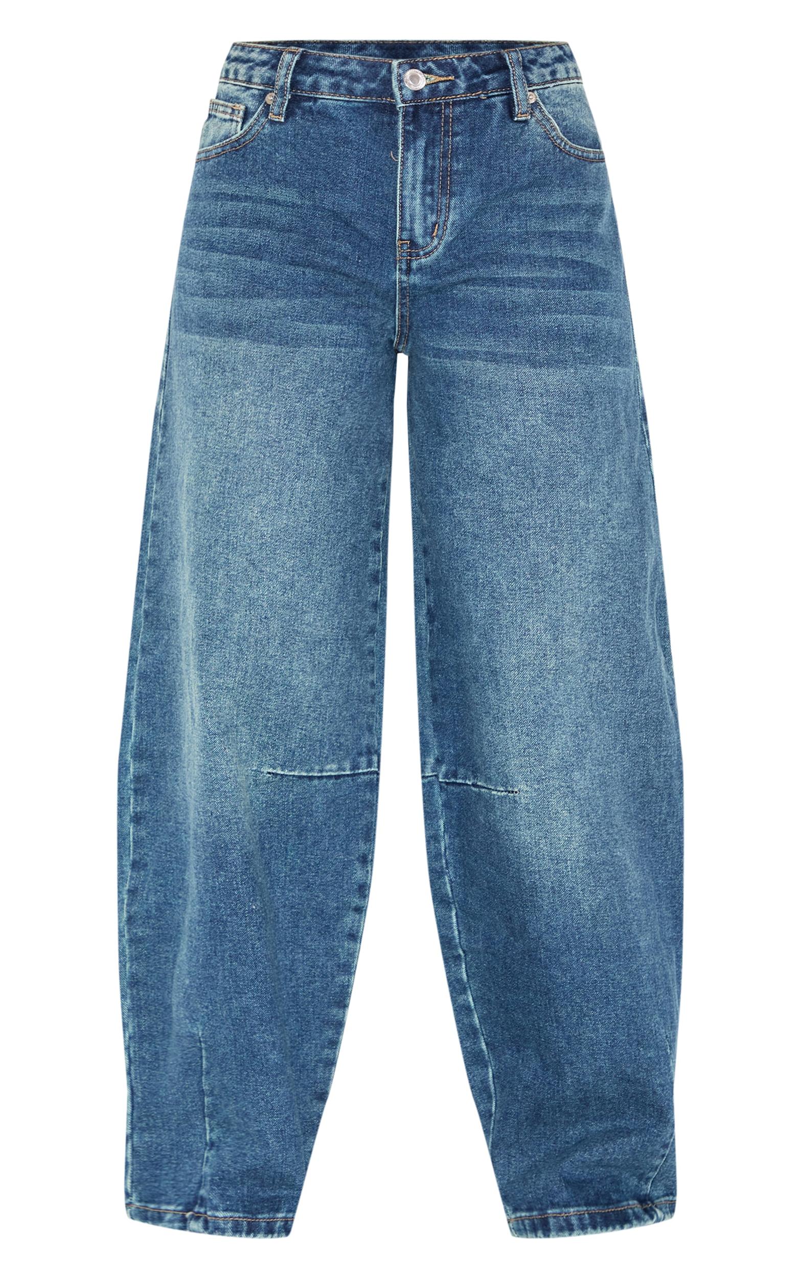 Petite Blue Denim Seam Detail Barrel Leg Jeans Product Image