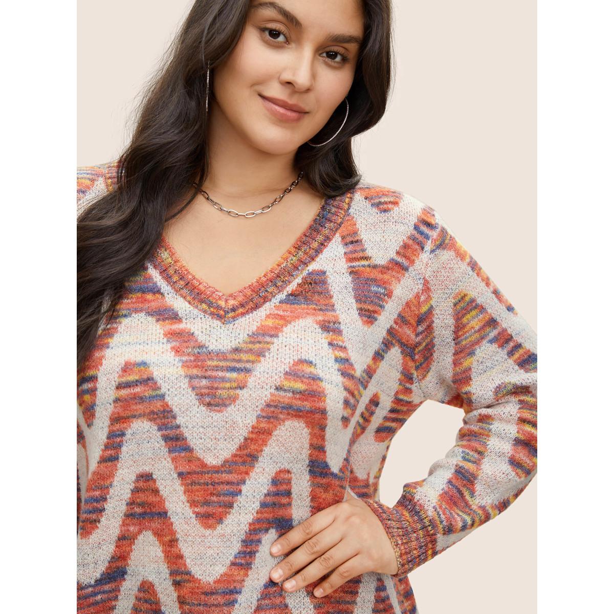 Plus Size Asymmetrical Heather Wave Elastic Cuffs Pullover Rust Women Casual Long Sleeve V-neck Everyday Pullovers BloomChic 18-20/2X Product Image
