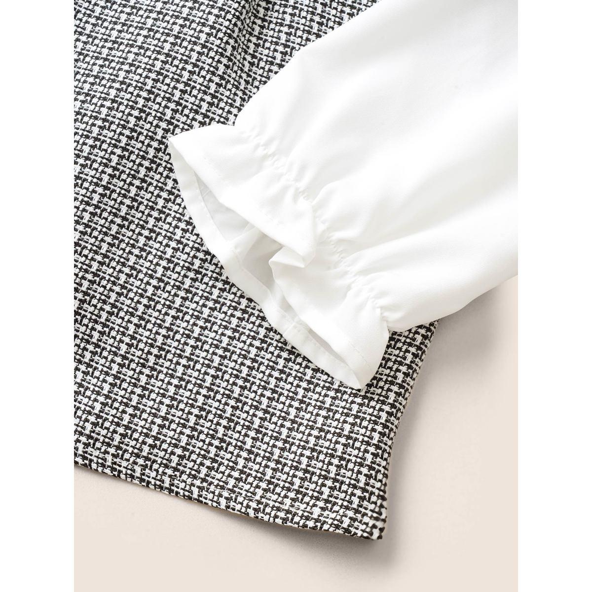 Plus Size Multicolor Notched Tweed Patchwork Belted Blouse Women Office Long Sleeve Notched collar Work Blouses BloomChic 12/L Product Image