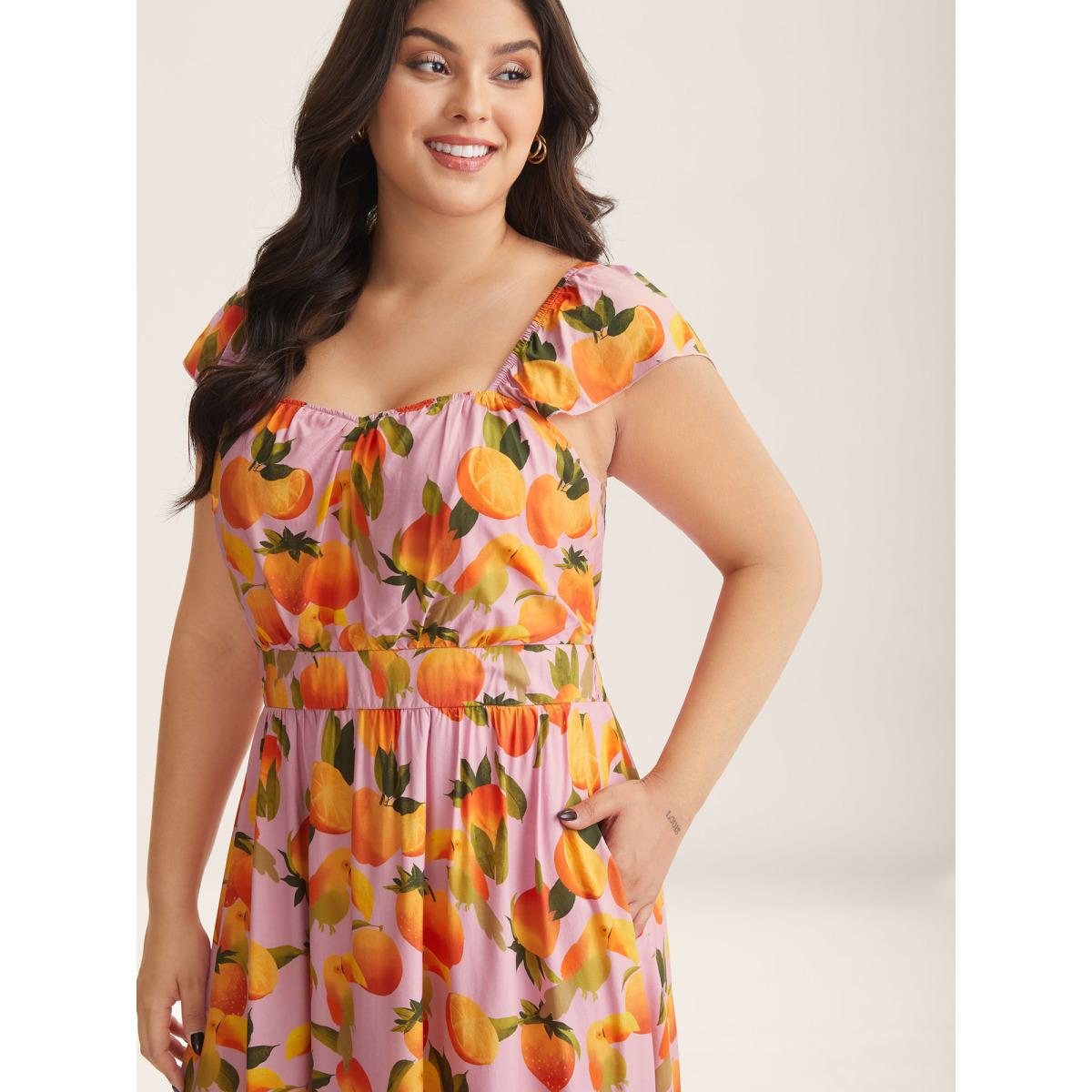 Plus Size Citrus Print Pleated Sweetheart Midi Dress Brightorange Women Heart neckline Cap Sleeve Curvy BloomChic 12/L Product Image