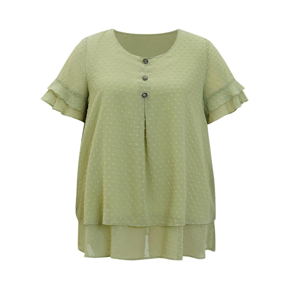 Plus Size Mint Polka Dot Button Detail Mesh Ruffle Layered Blouse Women Elegant Short sleeve Round Neck Dailywear Blouses BloomChic 28/5X Product Image