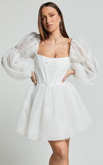 Ingrid Mini Dress - Long Puff Sleeve Pearl Detail Dress in White Product Image