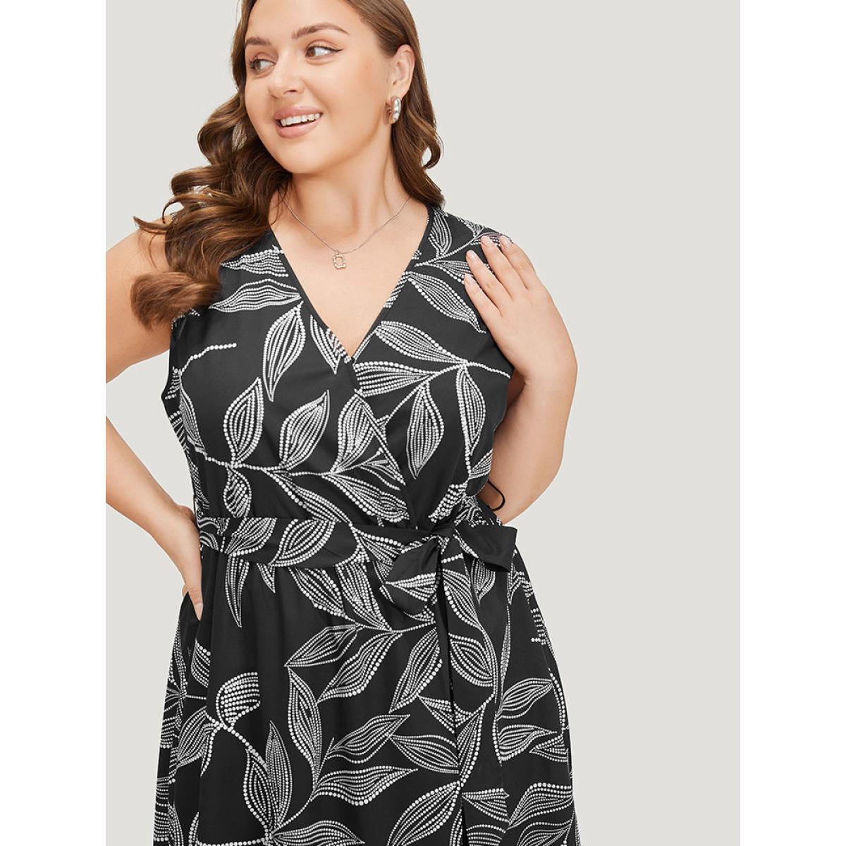 Plus Size Plants Print Overlap Collar Belted Tank Dress Black Women Office Wrap V-neck Sleeveless Curvy Knee Dress BloomChic 30/6X Product Image