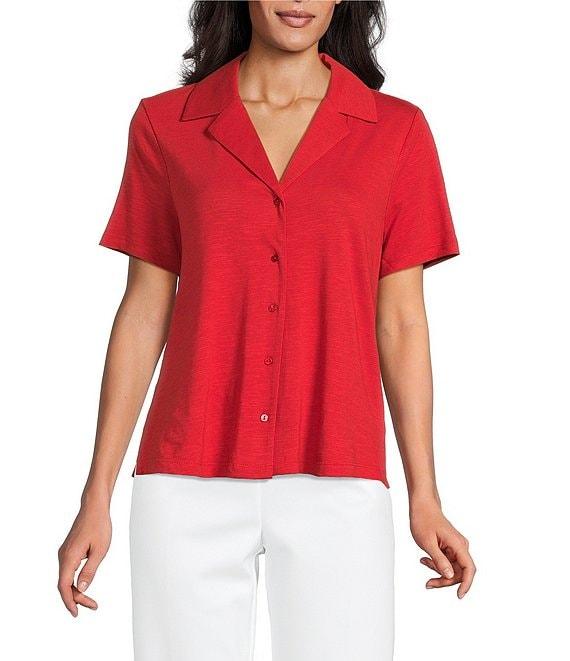 Investments Knit Short Sleeve Button Front Notch Collar Camp Top Product Image