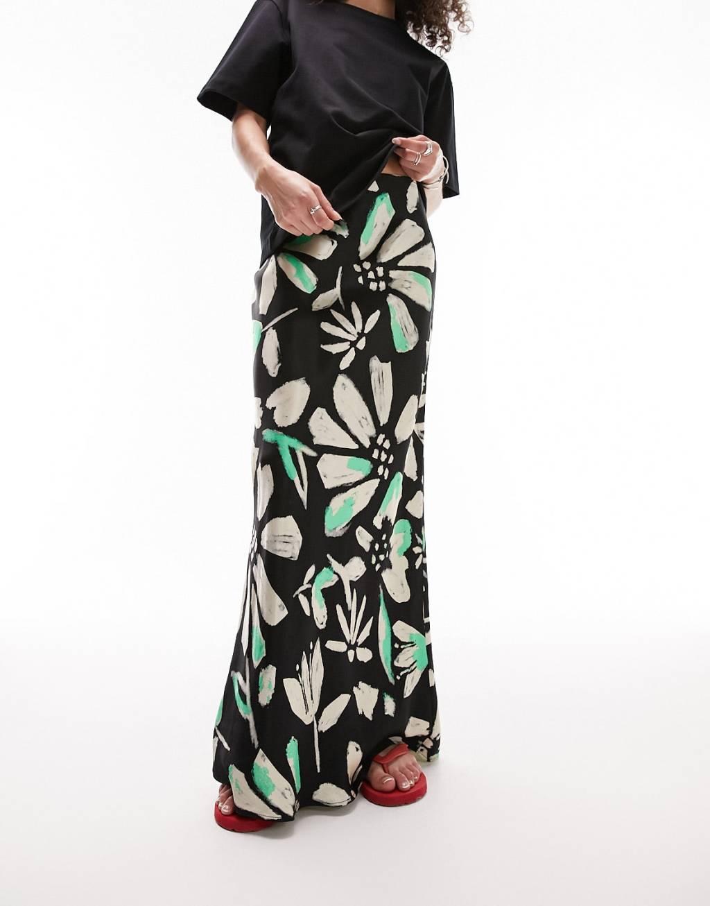 Topshop floral print satin bias maxi skirt Product Image