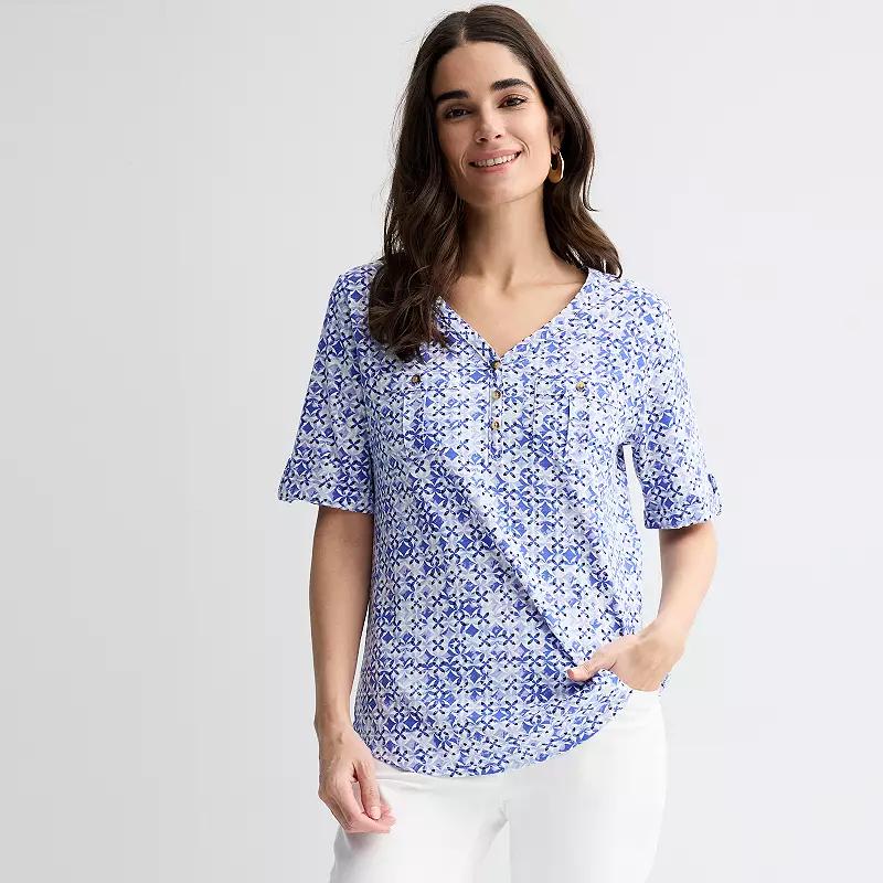 Petite Croft & Barrow Elbow Sleeve Utility Henley Top, Womens Product Image