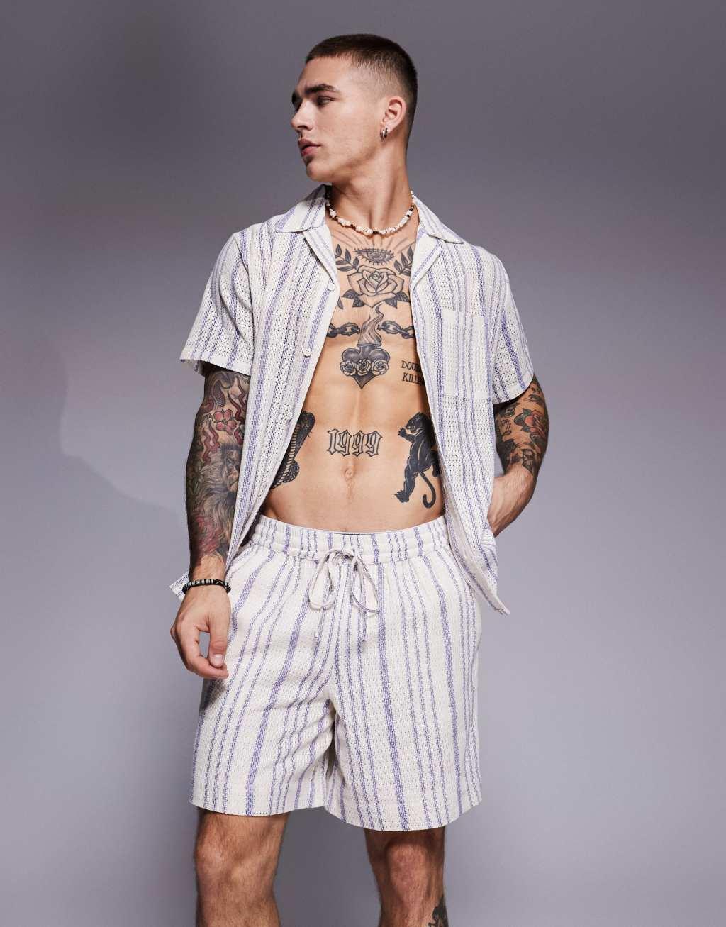 South Beach beach shorts in cream and blue stripe - part of a set Product Image