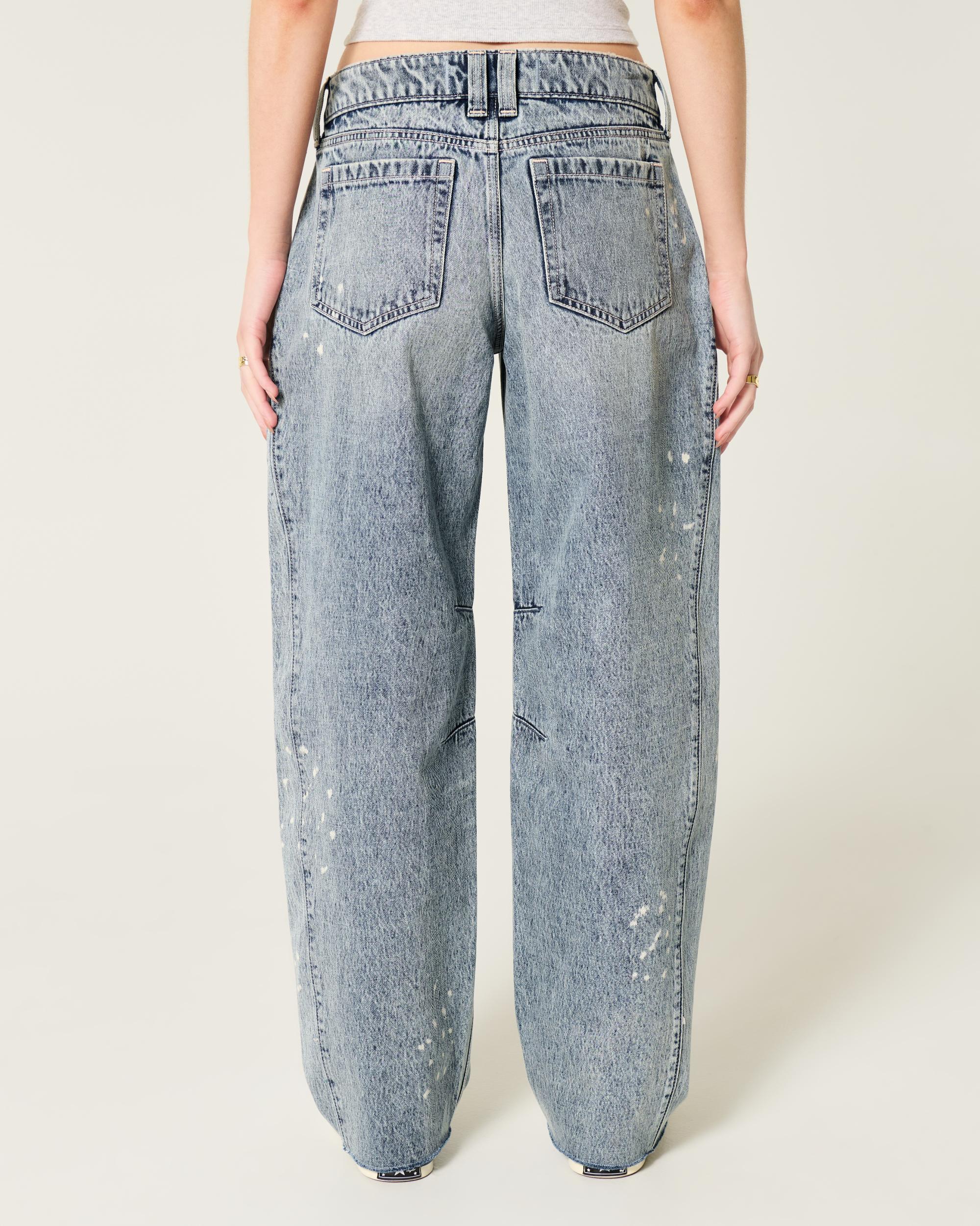 Low-Rise Light Wash Paint Splatter Barrel Jeans Product Image