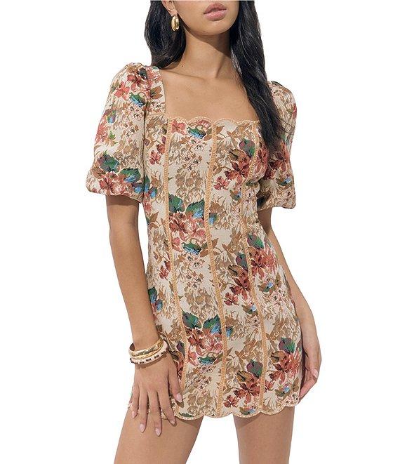 Adelyn Rae Silvie Tapestry Square Neck Floral Puff Short Sleeve Sheath Mini Dress Product Image