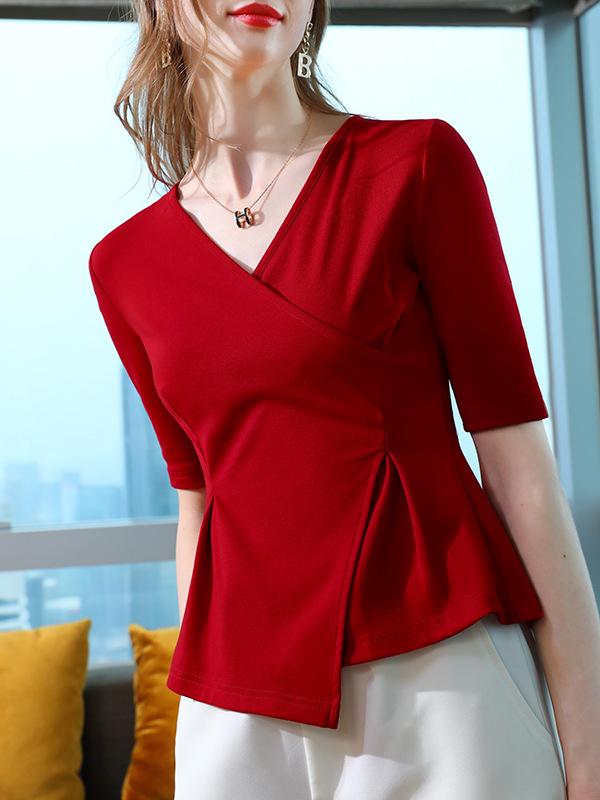 Half Sleeves Asymmetric Skinny Solid Color V-Neck T-Shirts Tops Product Image