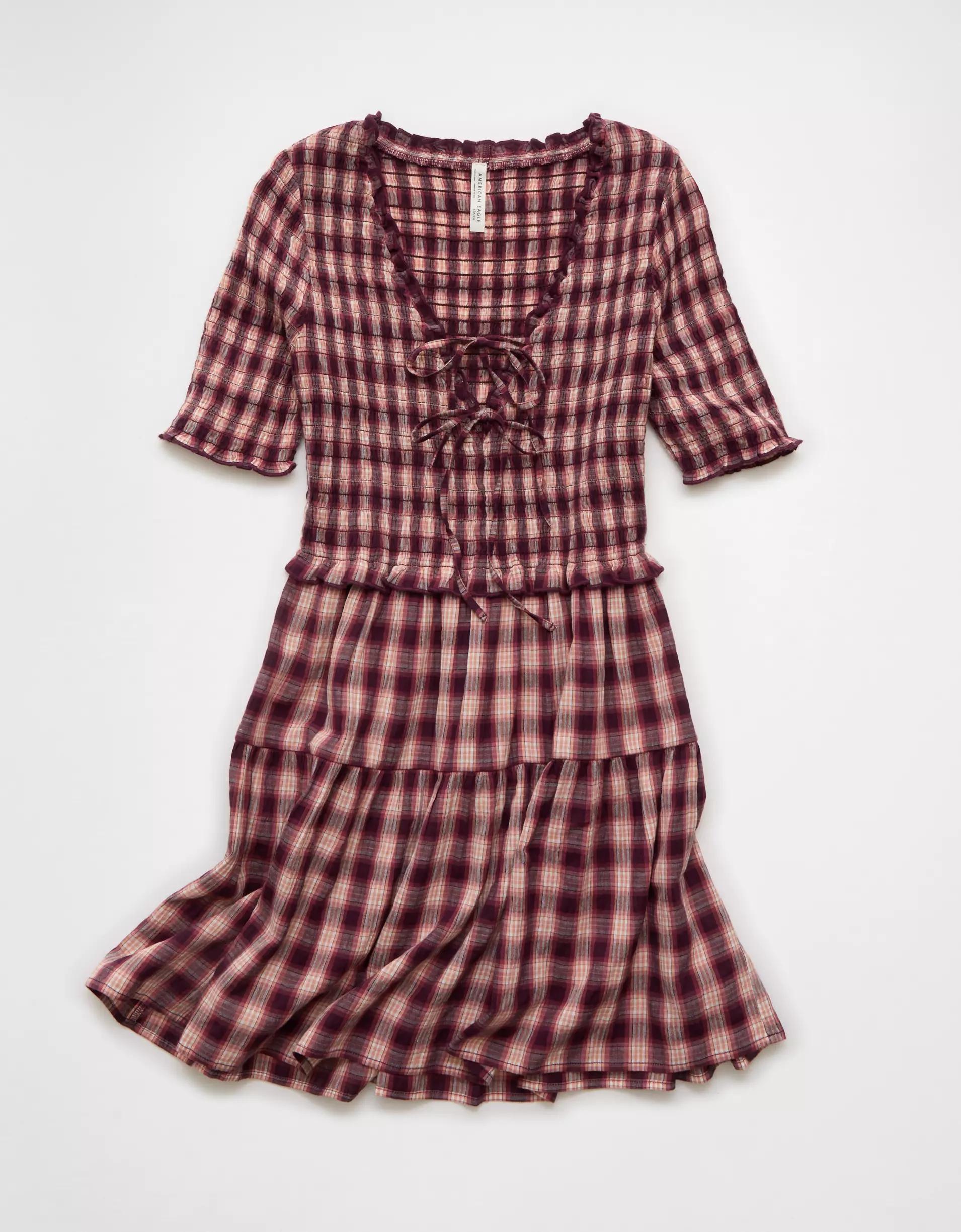 AE Puff Sleeve Tie Front Plaid Mini Dress Product Image
