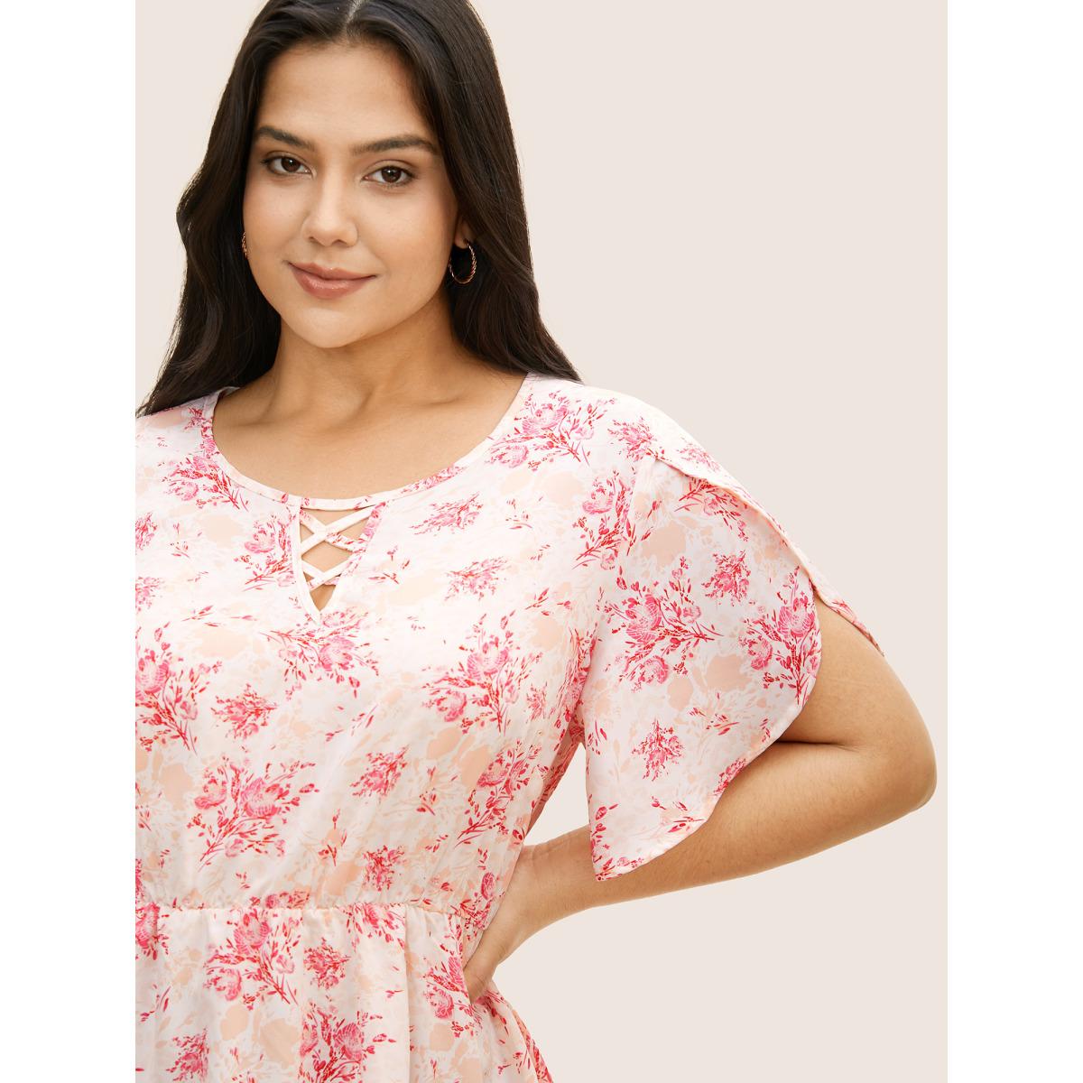 Plus Size Blush Floral Petal Sleeve Elastic Waist Crisscross Blouse Women Elegant Short sleeve Non Everyday Blouses BloomChic 18-20/2X Product Image
